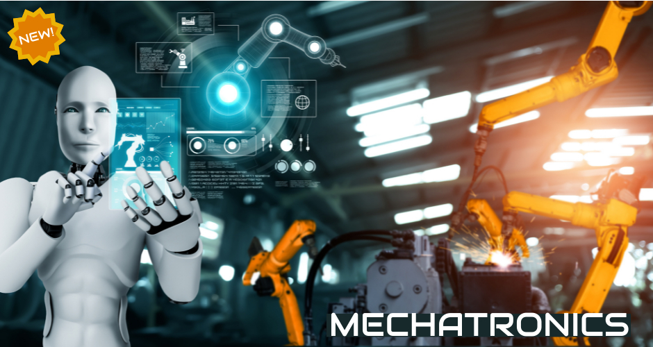 New Mechatronics program, with photo of robot and robotic machinery in an industrial setting, and schematics.