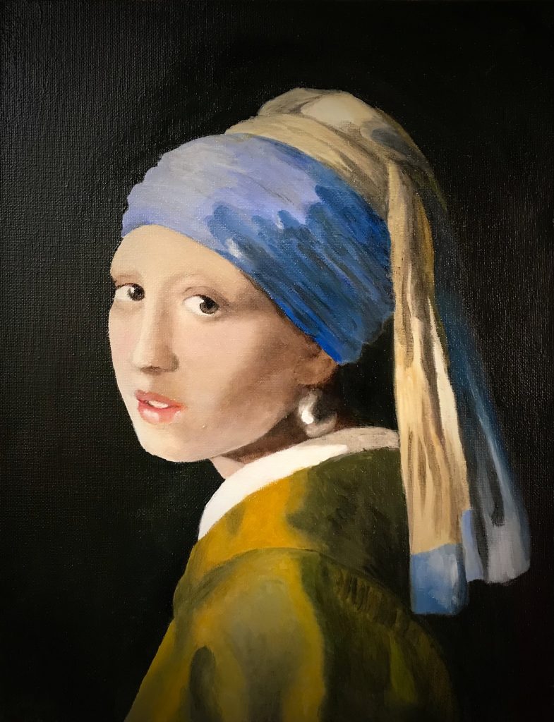2021 Fall Art Show - Leah Duncan. Vermeer Recreation. Oil on canvas. 14x11.