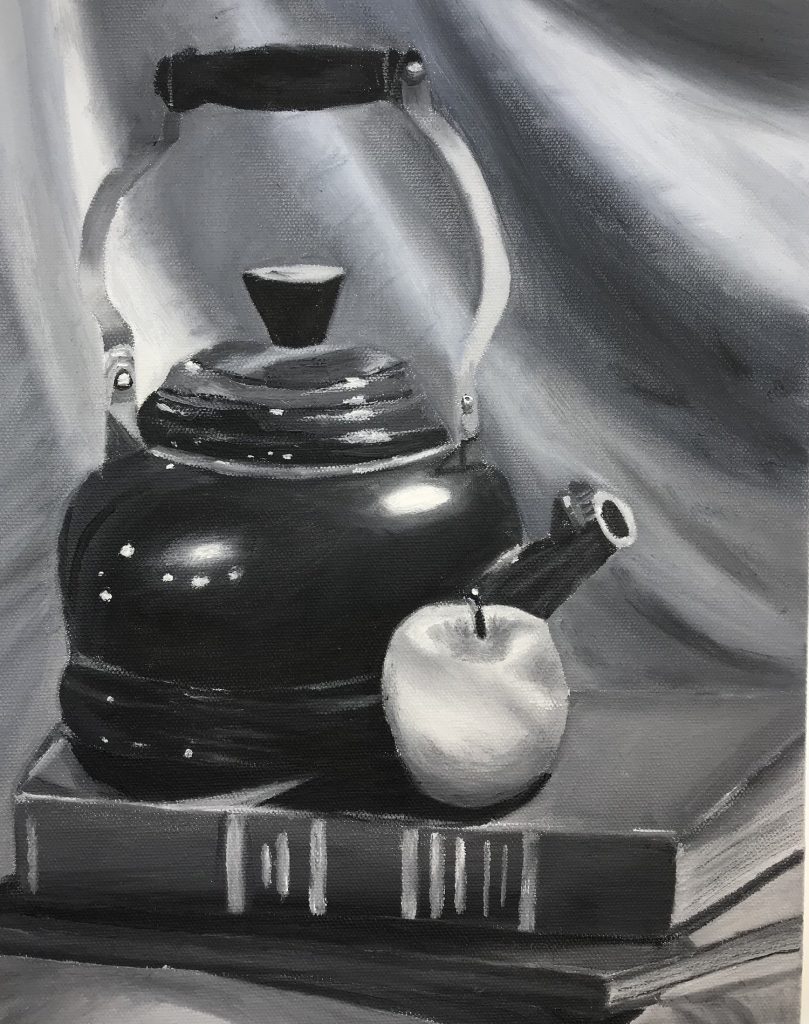 2021 Fall Art Show - Paige Wright. Black and White Still Life. Oil on canvas. 14x11.