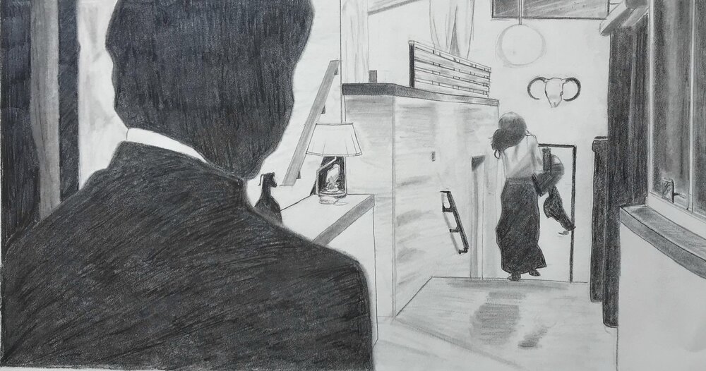 Cameryn Chestnut, "Scene From Macolm and Marie", graphite on paper, 15x8