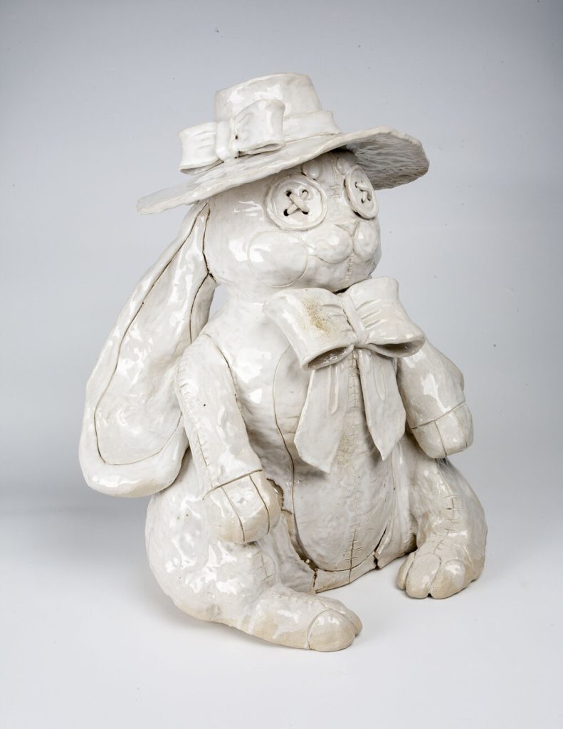 Hannia Adame "Push Bunny", hand-built stoneware, 16x16x24