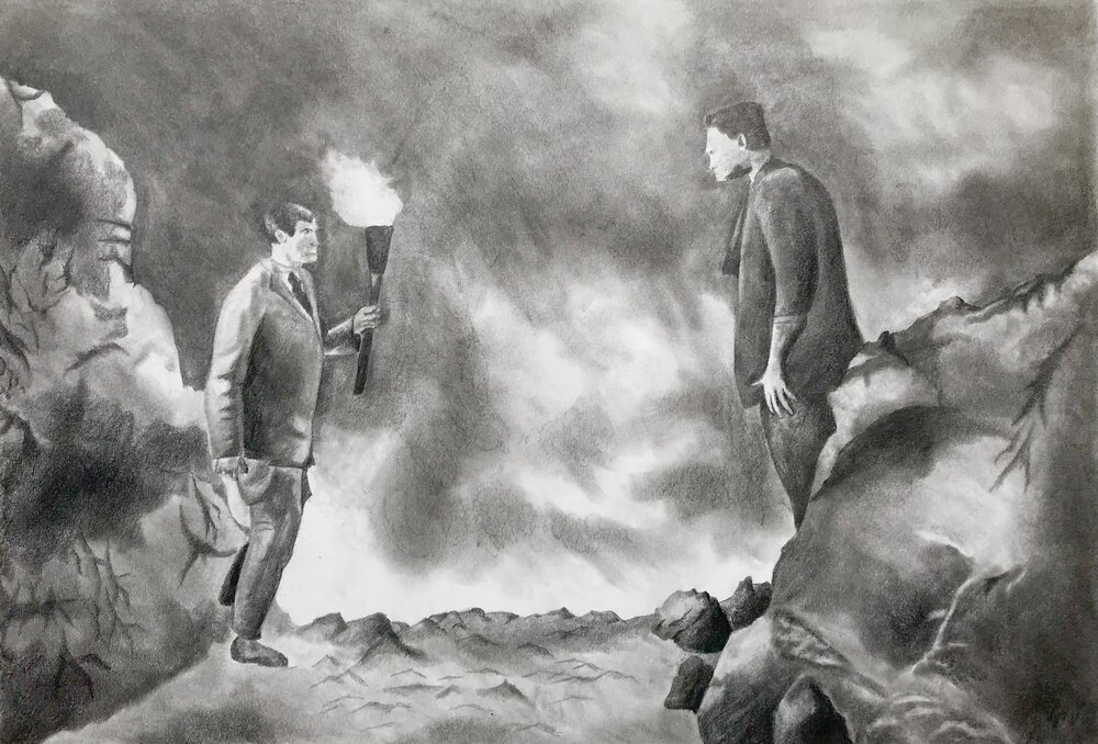 John Sechrist, "Scene from Frankenstein", graphite on paper, 24x18