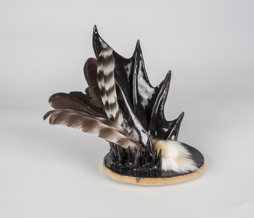 Samantha Swinson, "Babbit and Bird", hand-built stonware, fur, and feathers, 7x7x9