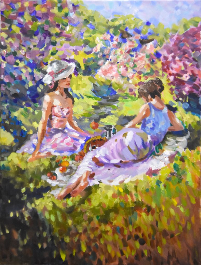 A student's oil painting of two ladies at a picnic